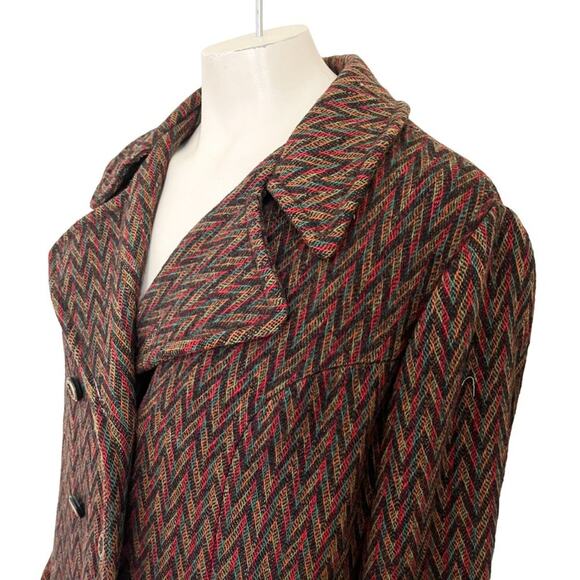 VTG 70s Retro Zigzag Woven Double Breasted Wool Car Coat SZ XL - Picture 5 of 12